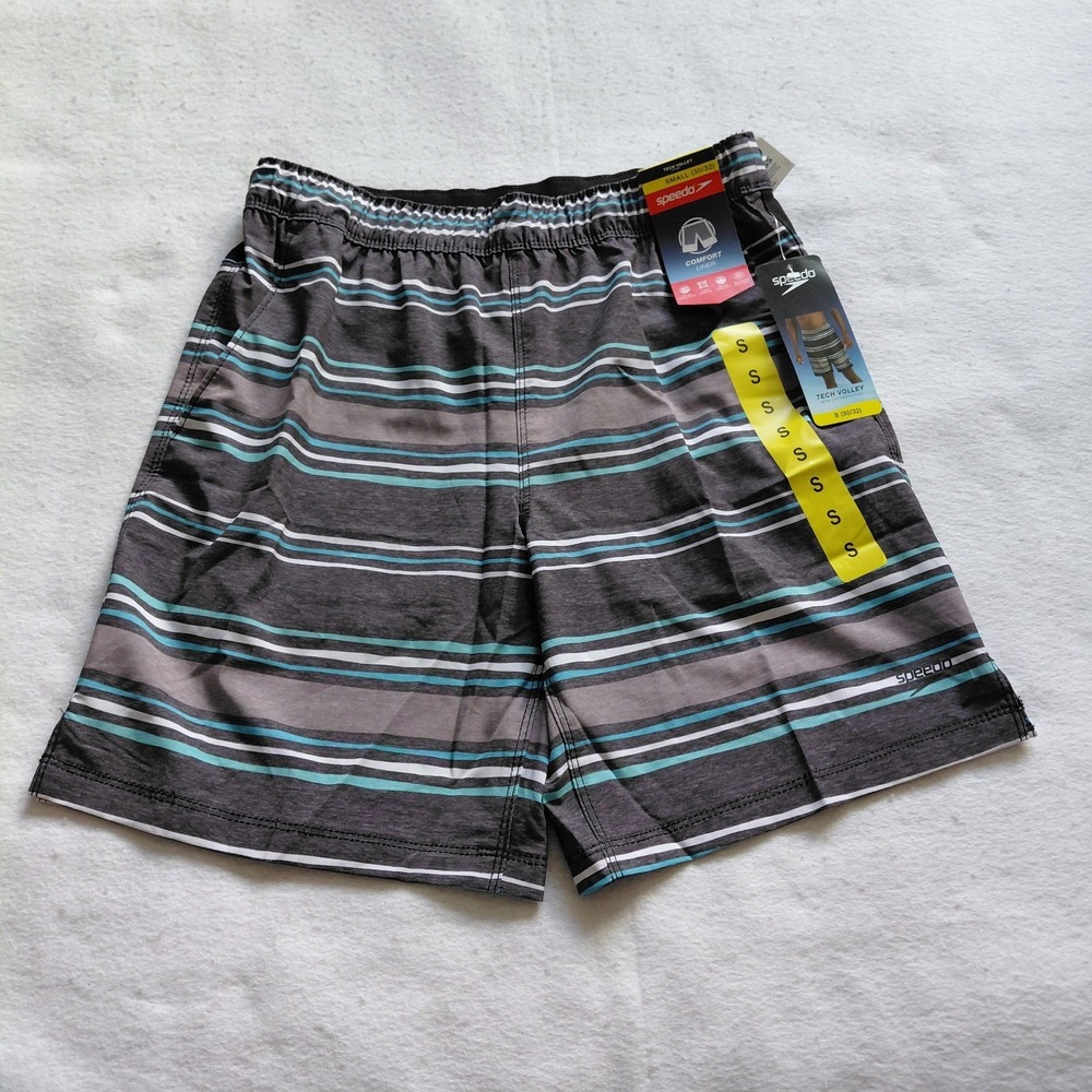 Speedo Tech Volley Swim Trunks Men S Gray Striped Comfort Liner Board Shorts NWT